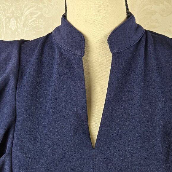 Knitee Size Small Navy Blue Sheath Dress Ruffles at Shoulders Split V Neck NWT - Picture 3 of 16